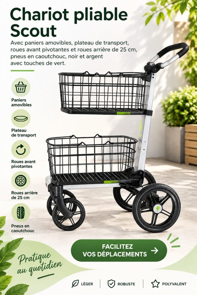 Chariot pliable en noir et argent avec paniers amovibles.