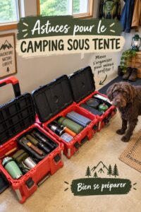 Un camp en pleine nature avec une tente bien installée et des accessoires de camping autour.