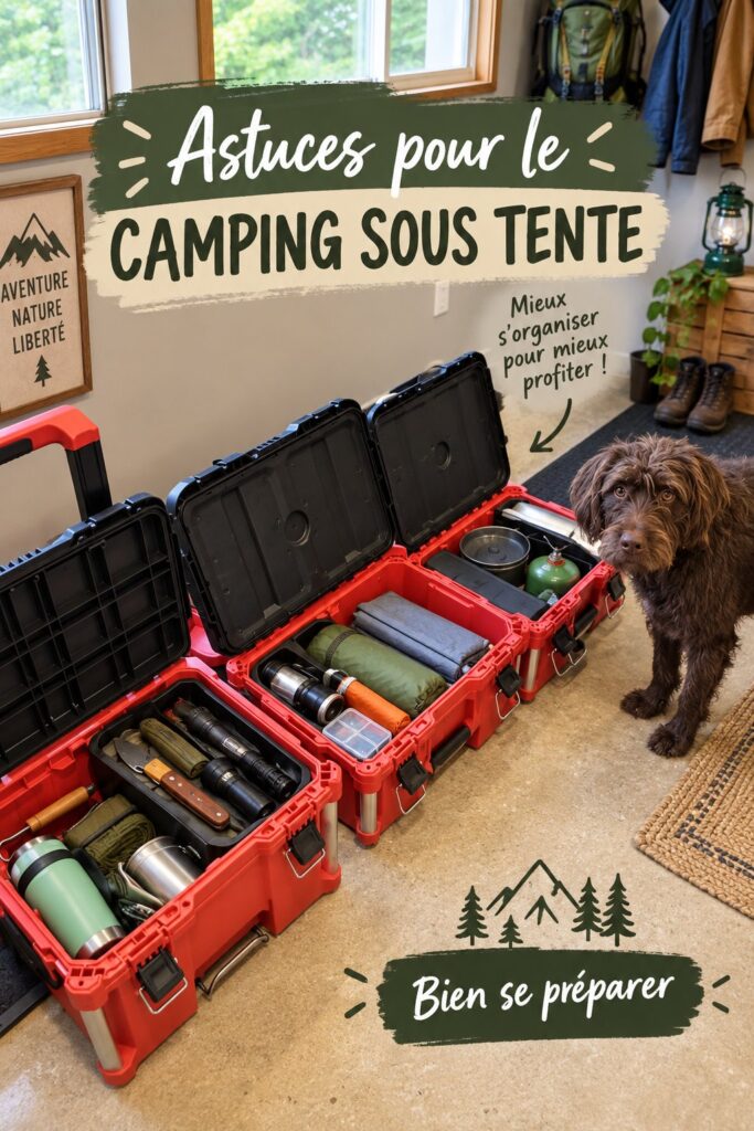Un camp en pleine nature avec une tente bien installée et des accessoires de camping autour.