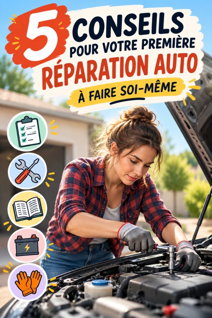 Femme effectuant une réparation auto avec des outils sur une boîte à outils.
