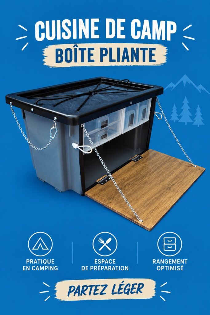 Une cuisine de camping organisée avec un réchaud et des ustensiles