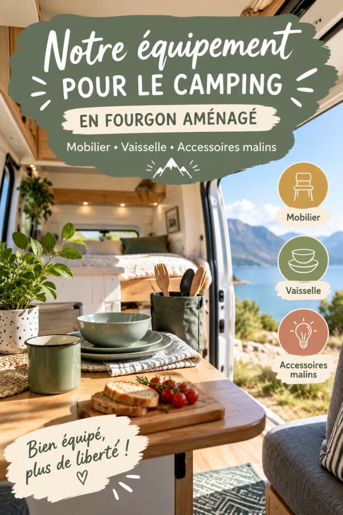 Équipement de camping bien rangé dans un fourgon avec des meubles pratiques