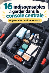 Console centrale d'une voiture bien organisée avec divers accessoires pratiques.