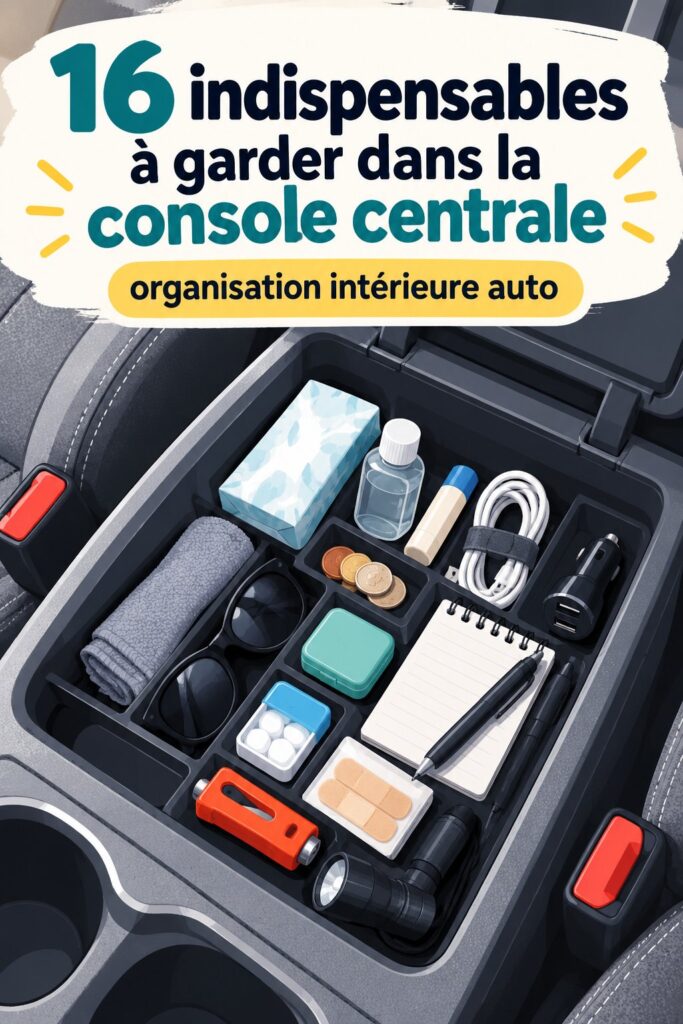 Console centrale d'une voiture bien organisée avec divers accessoires pratiques.