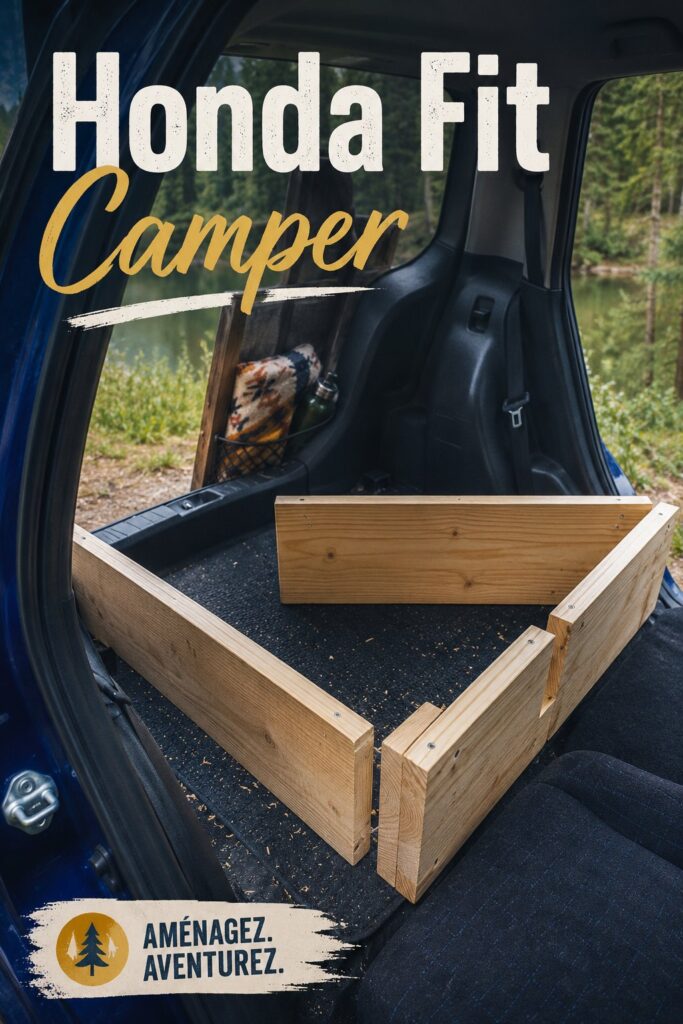 Honda Fit aménagée pour le camping avec rangements pratiques.