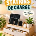 Station de chargement organisée avec plusieurs appareils connectés et câbles bien rangés