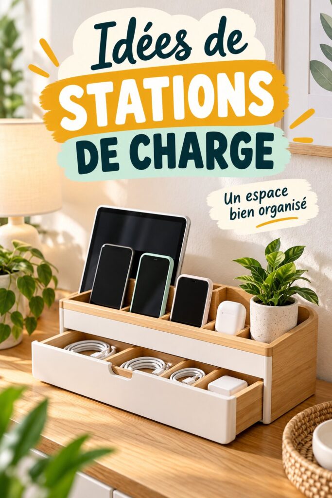 Station de chargement organisée avec plusieurs appareils connectés et câbles bien rangés