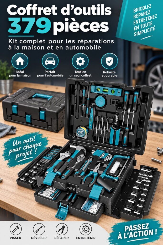 Kit d'outils complet pour la maison et la voiture, avec divers outils utilisés pour le bricolage.