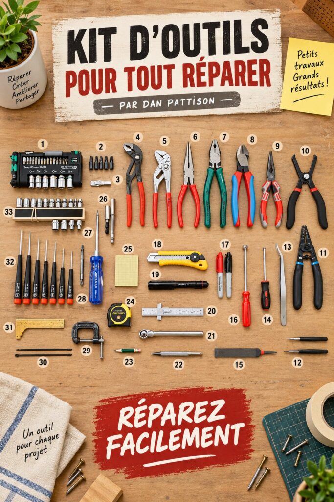 Kit d'outils organisé sur un établi, prêt pour des réparations à domicile