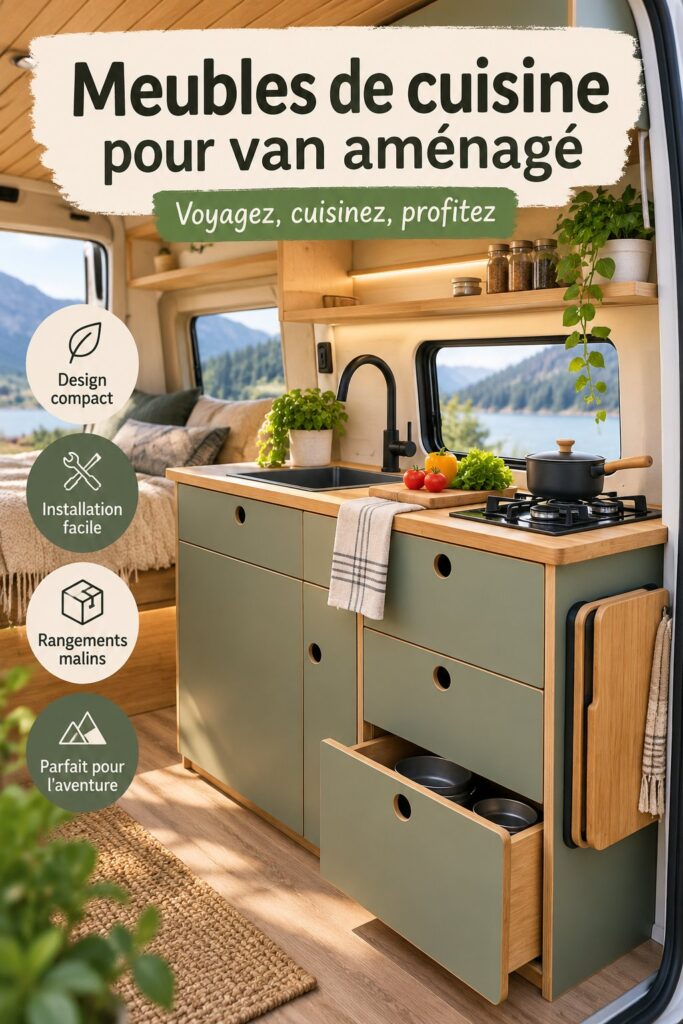Cuisine organisée dans un van aménagé mettant en valeur le mobilier pratique