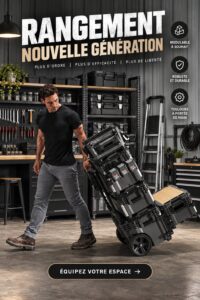 Espace de rangement organisé avec des accessoires FLEX dans un salon moderne.