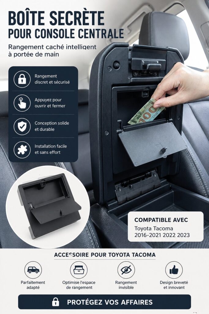 Organisateur de console centrale Toyota Tacoma en cours d'utilisation, montrant son efficacité.