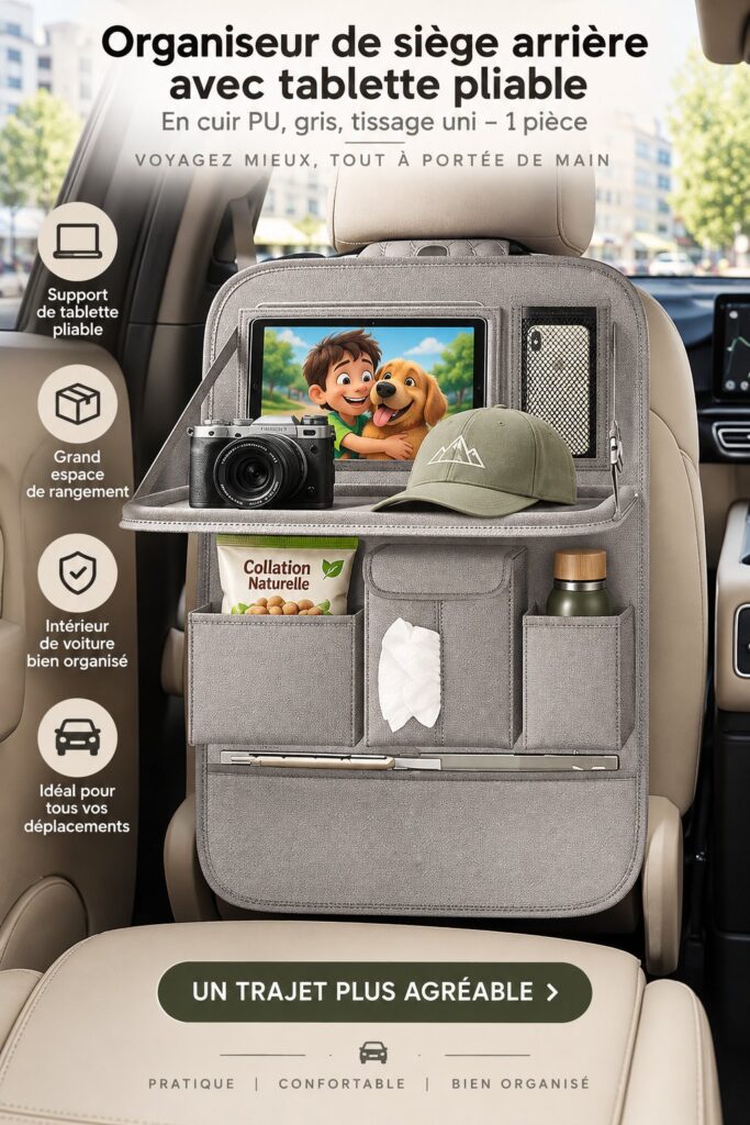 Organisateur de siège arrière de voiture gris avec un support pour tablette