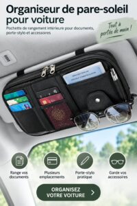 Organisateur de voiture noir sur un pare-soleil, pratique pour le rangement de documents.