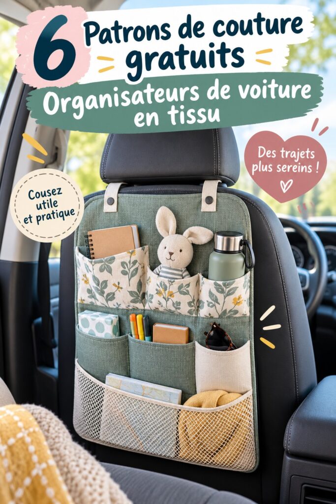 Organisateur de voiture en tissu fait maison, présenté dans une voiture propre et rangée.