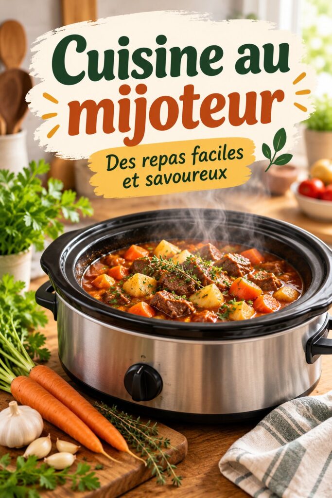 Un slow cooker sur une cuisine bien organisée, prêt à préparer un repas délicieux.