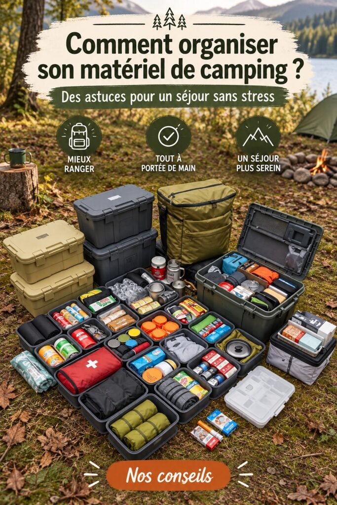 Image de matériel de camping bien rangé et organisé dans une tente
