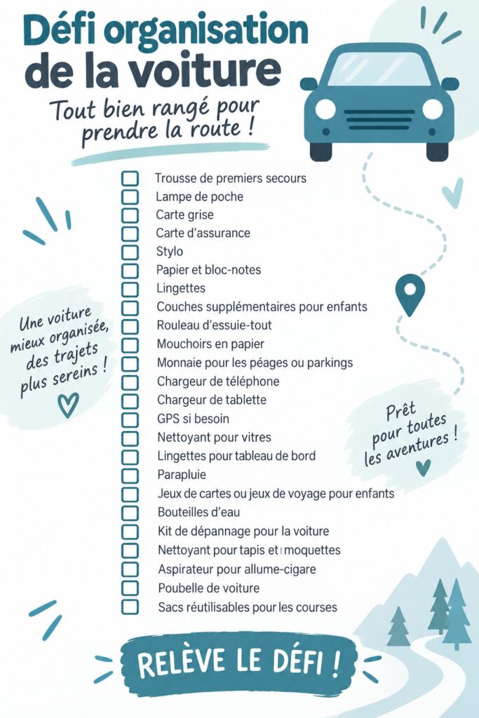 Voiture bien organisée avec des accessoires de rangement visibles et ordonnés.