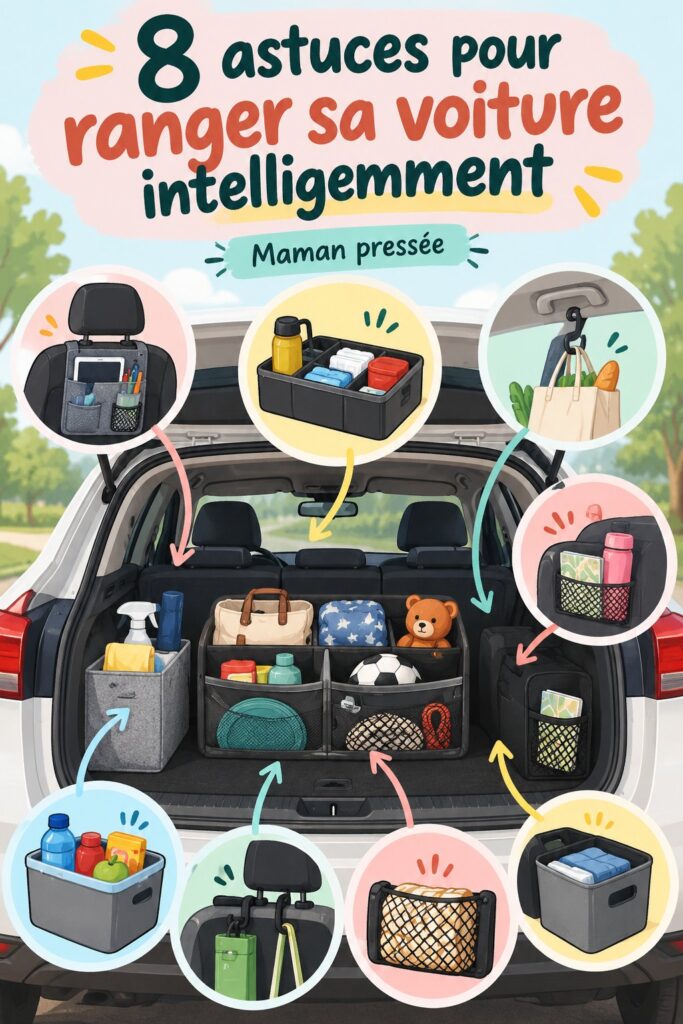 Image d'une voiture organisée avec des accessoires de rangement, idéale pour les mamans actives.
