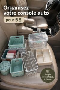 Console de voiture organisée avec des accessoires pratiques pour un rangement efficace.