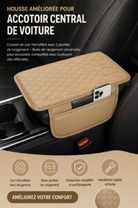 Housse de console en cuir synthétique pour voiture beige, ajoutant style et fonctionnalité au rangement.