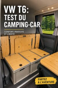 Vue intérieure d'un VW T6 bien rangé avec des accessoires de rangement.