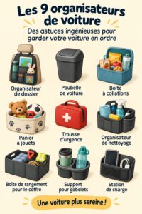 Intérieur d'une voiture familiale organisée avec des accessoires de rangement pratiques.