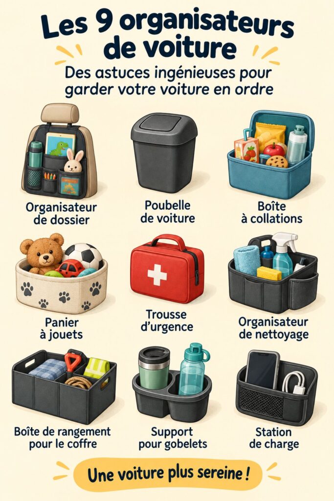 Intérieur d'une voiture familiale organisée avec des accessoires de rangement pratiques.
