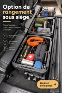Organisation astucieuse sous un siège de voiture, illustrant des idées de rangement pratique.