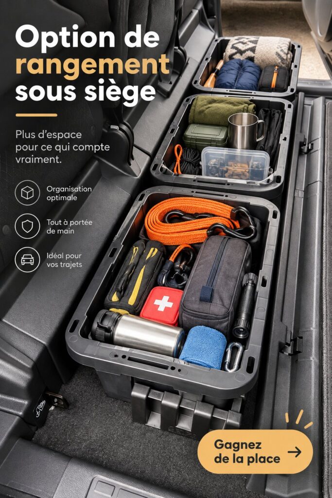 Organisation astucieuse sous un siège de voiture, illustrant des idées de rangement pratique.