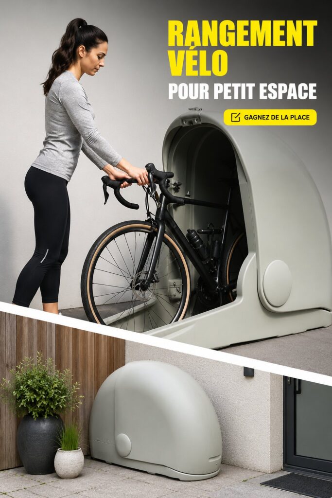 Un vélo élégamment rangé dans un petit appartement avec un support mural.