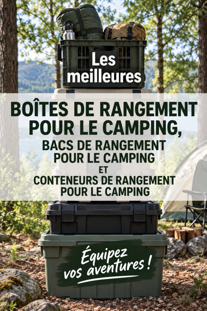 Rangement camping : boîtes et bacs bien organisés dans un cadre naturel.