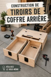 Un tiroir de rangement en bois dans l'arrière d'une voiture bien organisé.