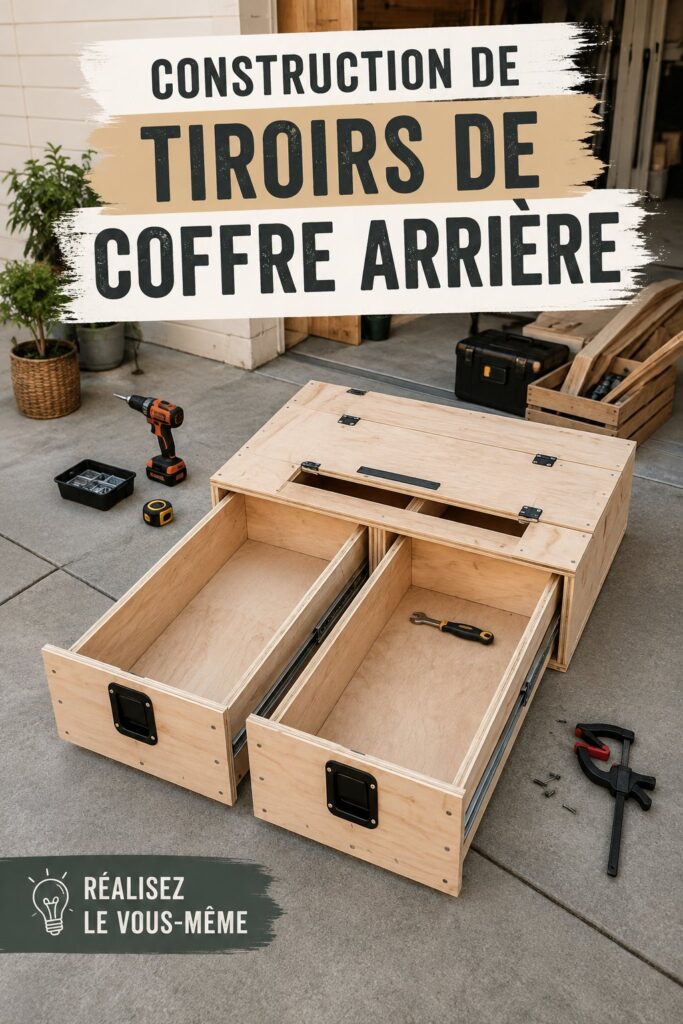 Un tiroir de rangement en bois dans l'arrière d'une voiture bien organisé.