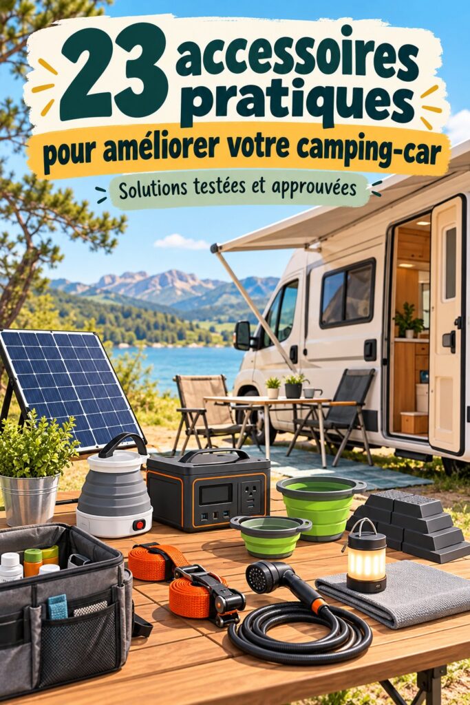 Un camping-car bien équipé avec des accessoires de rangement et de cuisine pratiques.