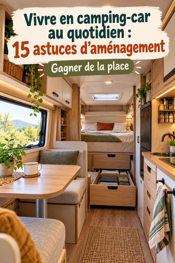Intérieur d'un camping-car optimisé avec des rangements pratiques pour un quotidien confortable.