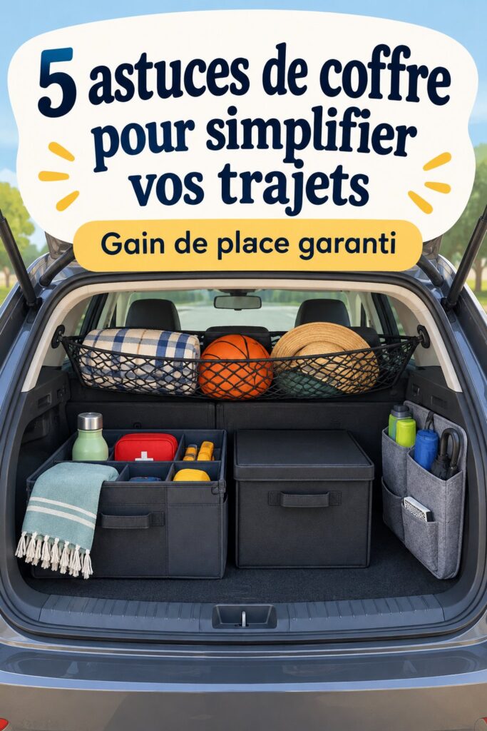 Coffre de voiture bien organisé avec des accessoires pratiques.