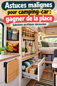 Intérieur d'un camping-car bien rangé et optimisé avec des astuces de rangement pratiques.