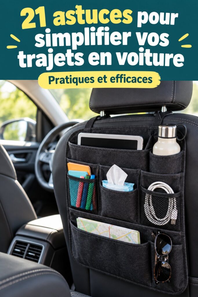 femme souriante dans une voiture bien organisée avec des accessoires pratique