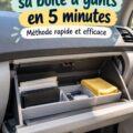 Boîte à gants bien organisée avec documents et accessoires essentiels.