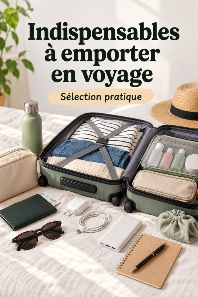 Accessoires de voyage bien rangés dans une valise ouverte.