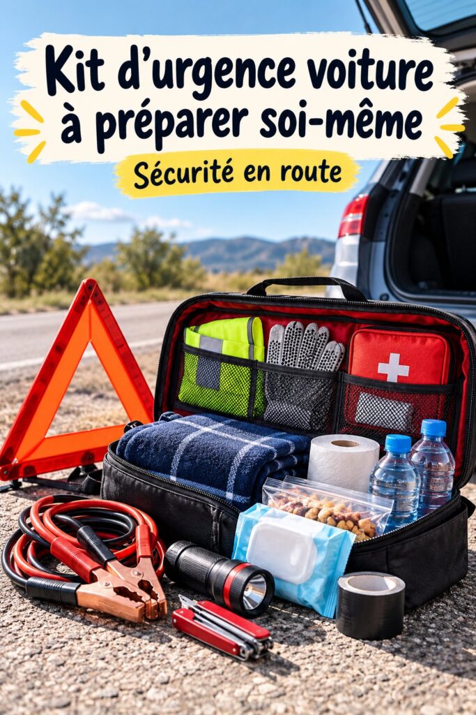 Kit de secours bien organisé dans le coffre d'une voiture, prêt à être utilisé en cas d'urgence.