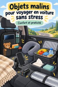 Accessoires de voyage organisés dans une voiture prête pour un road trip.