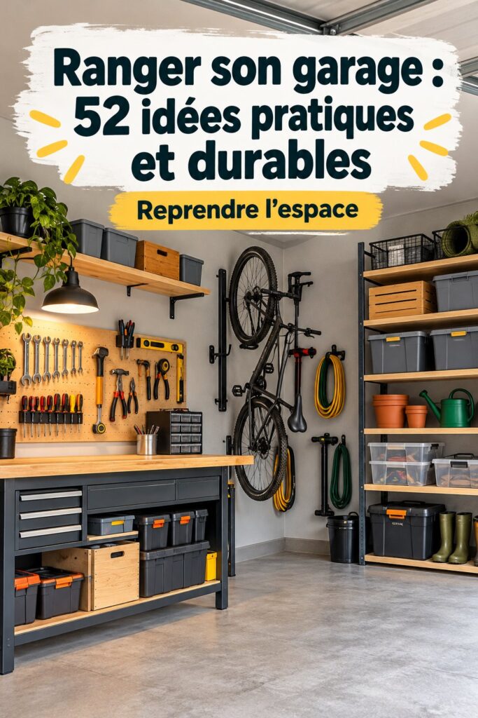 Un garage bien organisé avec des étagères et des boîtes de rangement ordonnées.