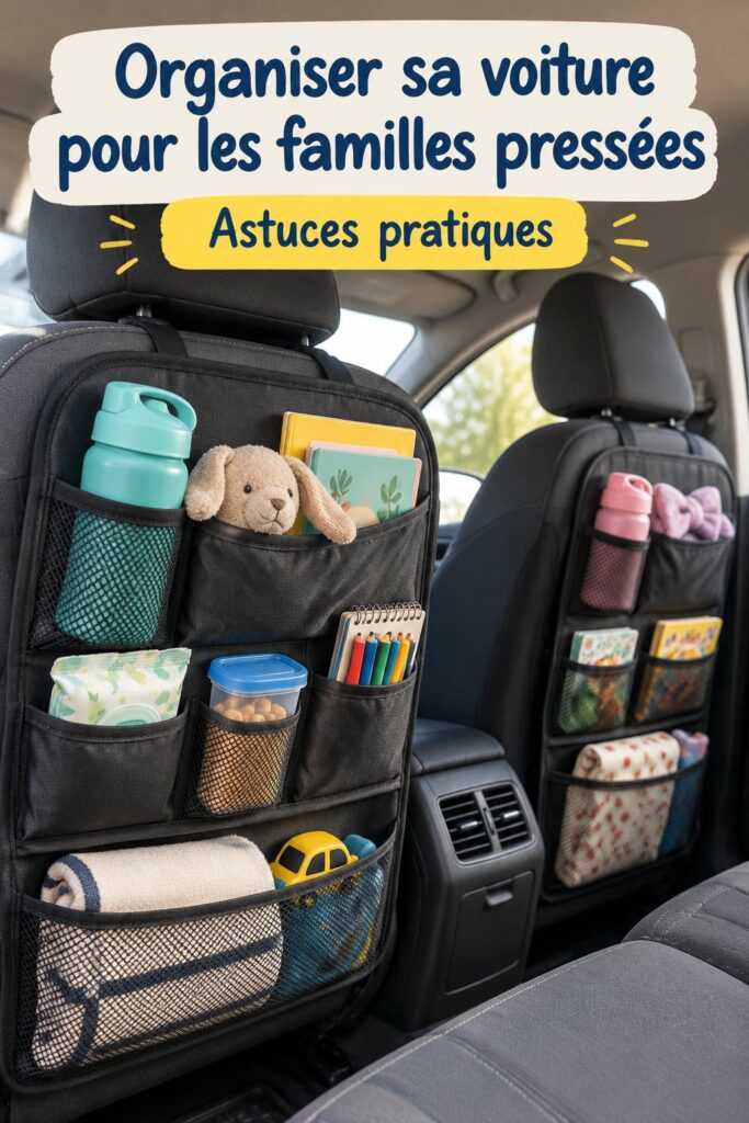Intérieur d'une voiture familiale bien organisé avec des rangements pratiques.