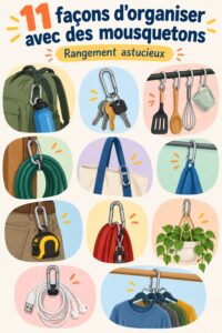 Mousquetons colorés utilisés pour organiser des accessoires dans une maison moderne.