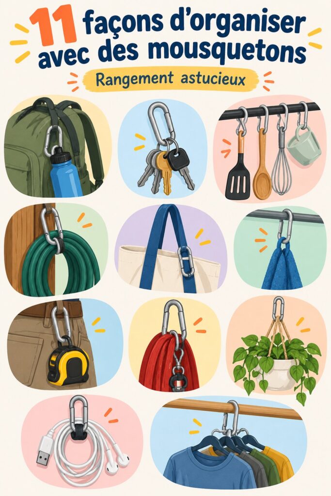 Mousquetons colorés utilisés pour organiser des accessoires dans une maison moderne.