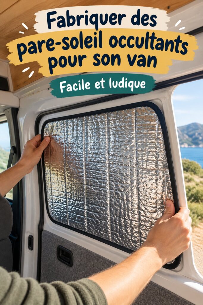 Un pare-soleil occultant installé dans un van aménagé, offrant une intimité aux occupants.