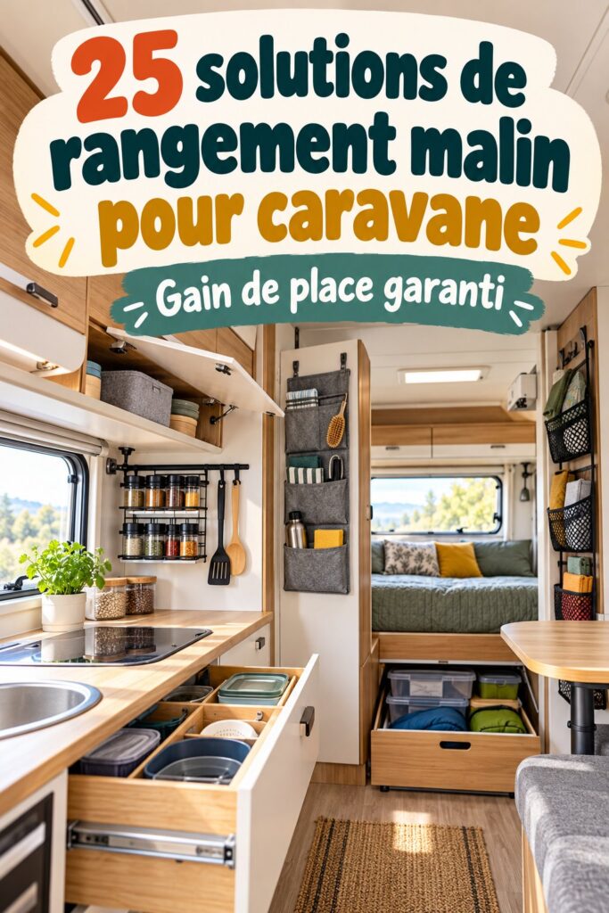 Intérieur d'une caravane bien organisée avec des solutions de rangement astucieuses.