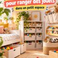 Espace de rangement élégant pour jouets avec étagères et bacs dans une salle de jeu
